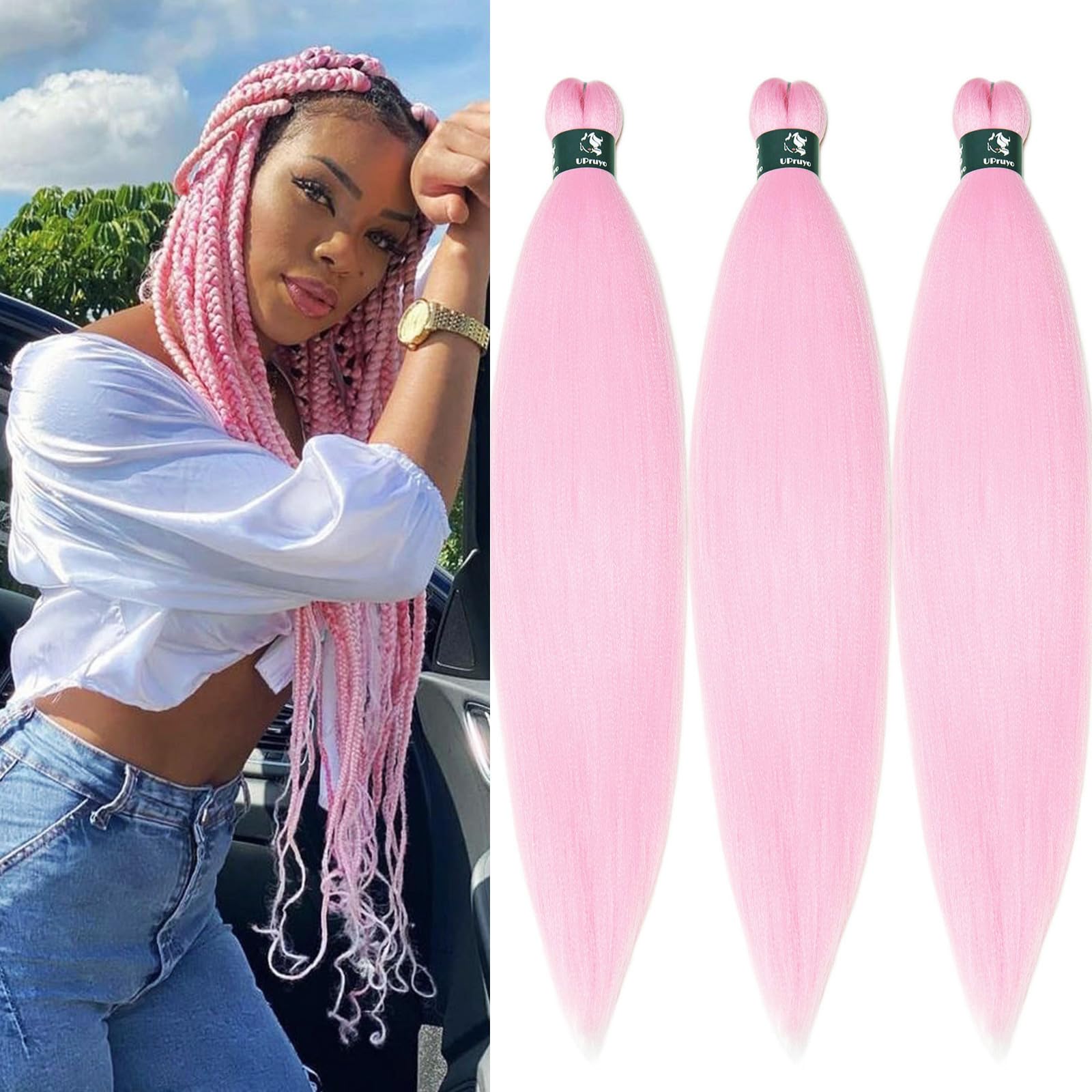 Pastel Light Pink Braiding Hair Pre Stretched Knotless Prestretched Braiding Hair Extensions for Twist Braiding Crochet Hair Pink 3 Packs 26 Inch Yaki by UPruyo (3 PastelPink)