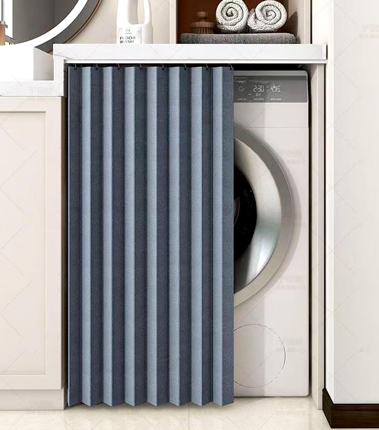 Rideaux de placard de cuisine et étagère buanderie maison