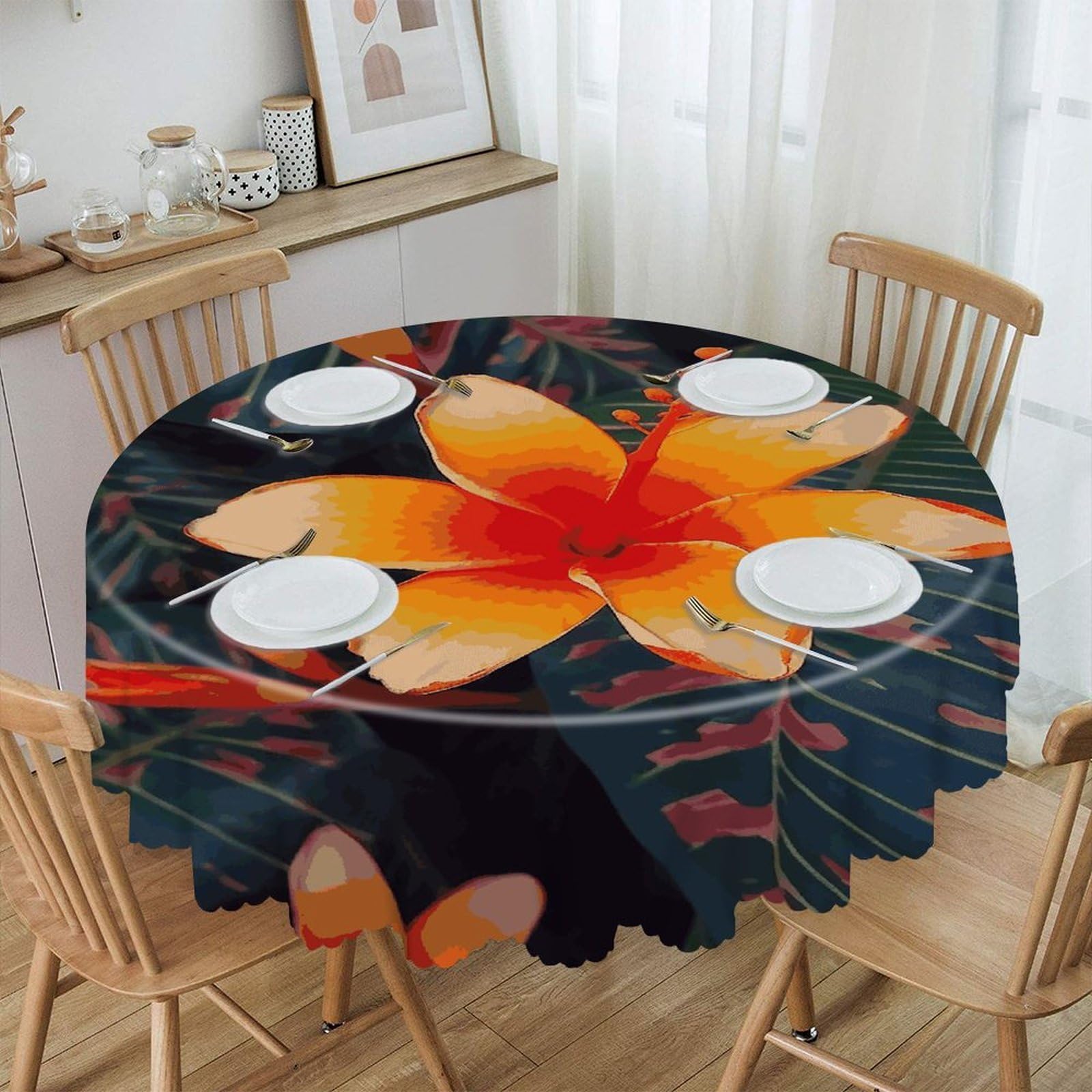 Btcowzrv Style Hawaii Tropical Flower Polyester Round Tablecloth 59.84 Inch, Decorative Washable Table Cover, Table Cloth For Restaurant Picnic Indoor And Outdoor Dining