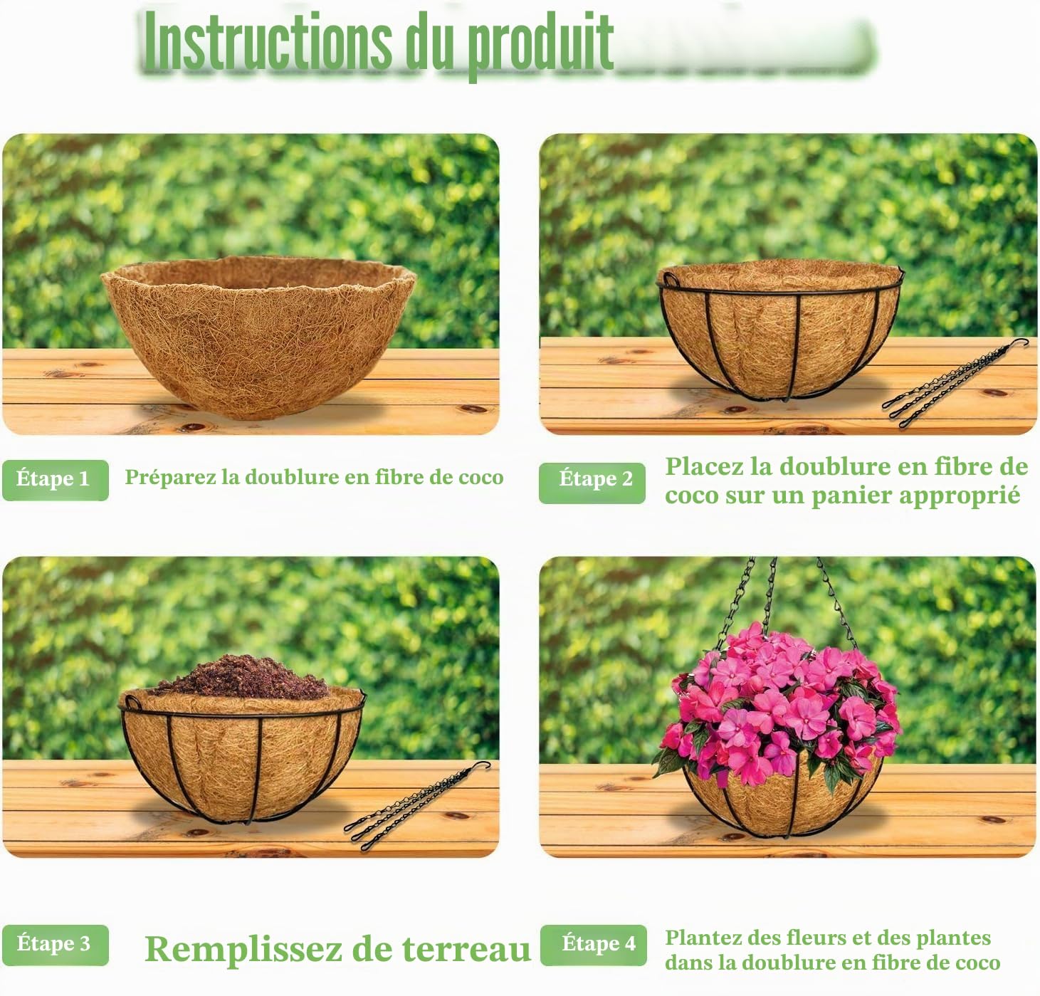 LATERN 4 Pièces Pots à Suspendu en Métal avec Doublure en Coco, 20CM Panier de Fleurs Ronds Suspendus de Doublure en Fibre de Coco avec 40CM Chaîne pour Jardin Porche Patio Plante Fleur Décoration