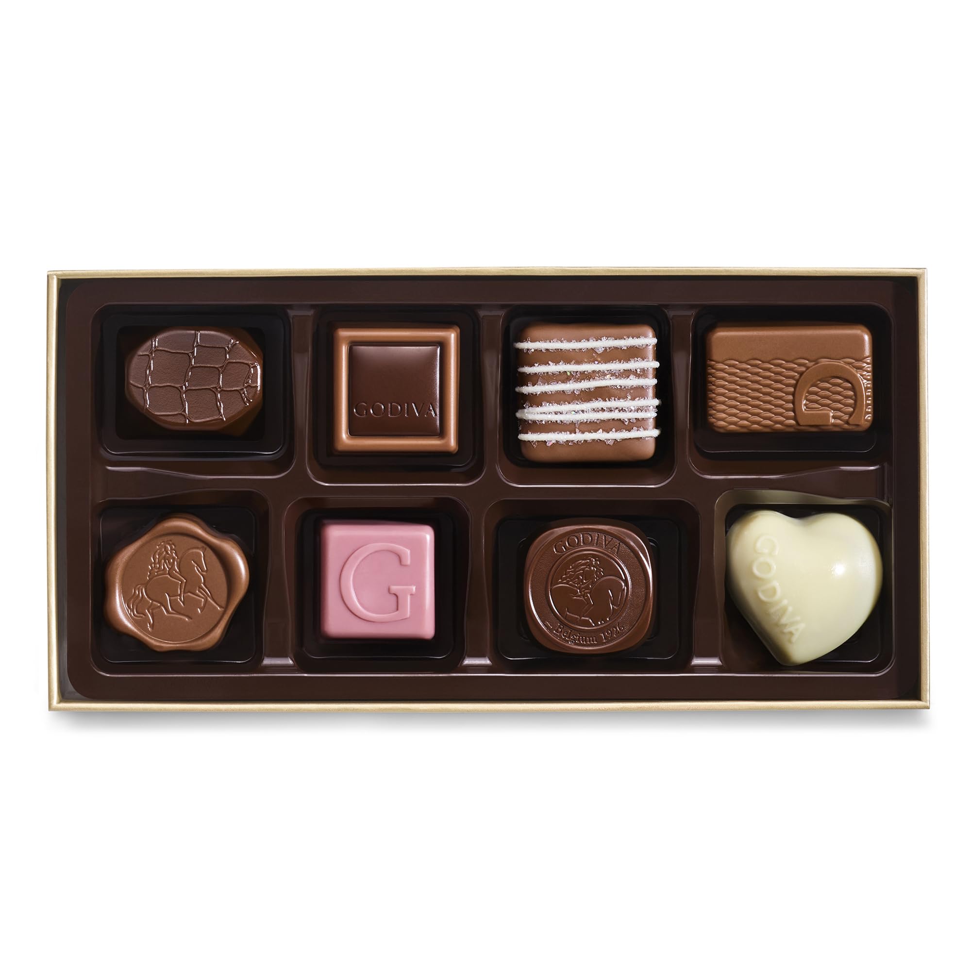 Godiva Chocolatier Heritage Collection – 8-Piece Assorted Belgian Chocolate Gift Box – Dark, Milk and White Gourmet Chocolates with All-Natural, GMO-Free Ingredients – Elegant Gold Box Ideal for Gifting