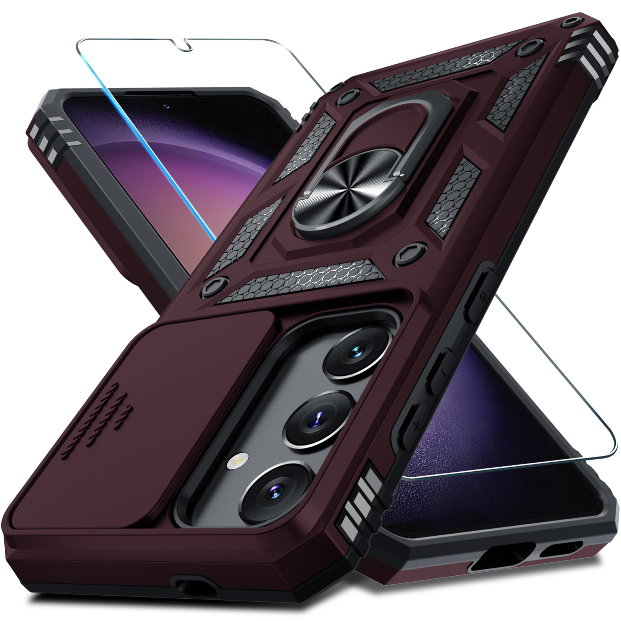 Janmitta Compatible with Samsung Galaxy S25/S24 Case [Not for S25+] Built in Slide Camera Lens Cover+Screen Protector+Kickstand,Heavy Duty Shockproof