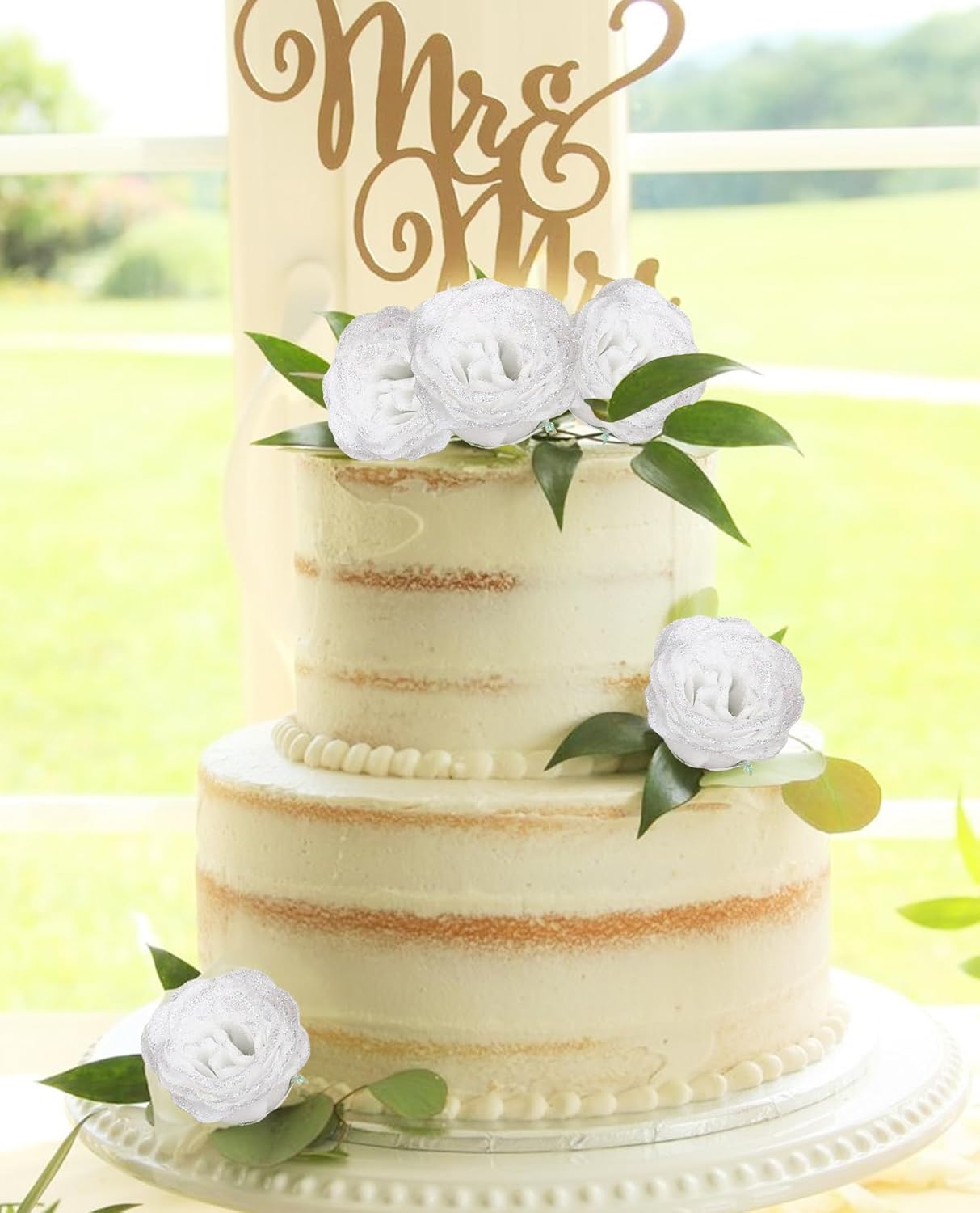 Fake Roses,30PCS White Glitter Flowers Bouquet Artificial Roses with Stems for Wedding Party Christmas Home Decor(White with Silver Glitter) - Image 6