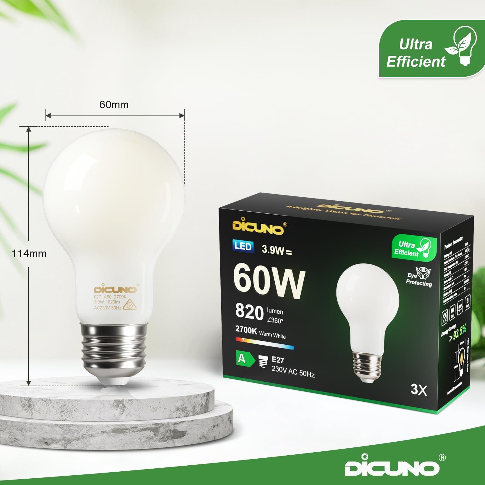 DiCUNO E27 Edison Screw Light Bulb, 3.9W (60W Equivalent), Glass Filament Bulb A60, Energy Efficient A Class LED, 2700K - Image 4