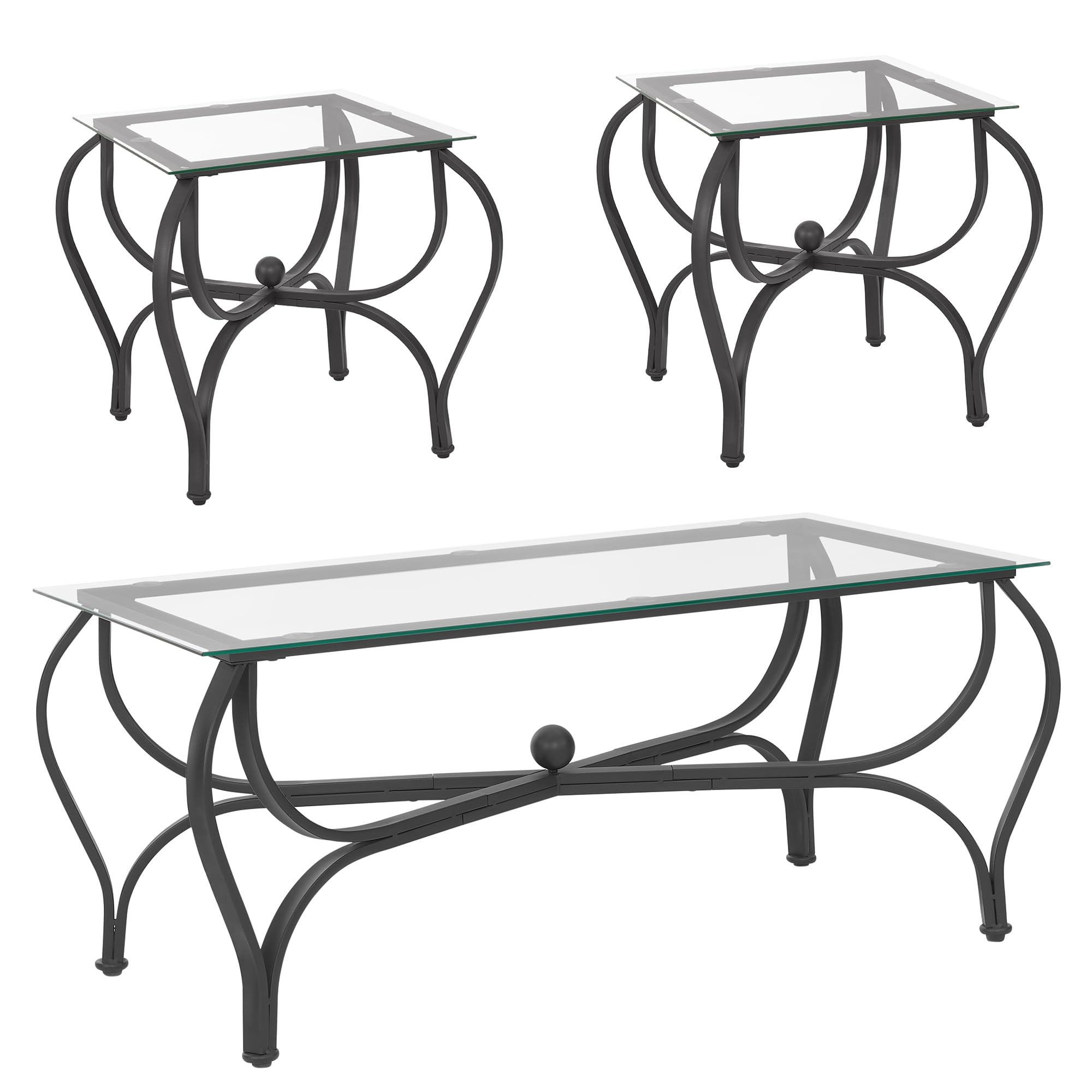 Tempered Glass Coffee Table Set of 3: Industrial Farmhouse Rectangle Table with 2 Square End Side Table - Modern Metal Frame Living Room Tables for Apartment Home Office
