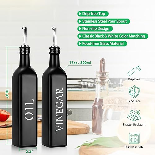 Miniatura 3 de Juego de 2 dispensadores de aceite y vinagre, dispensador de botellas de aceite de oliva blanco y negro con soporte y boquilla de acero inoxidable,
