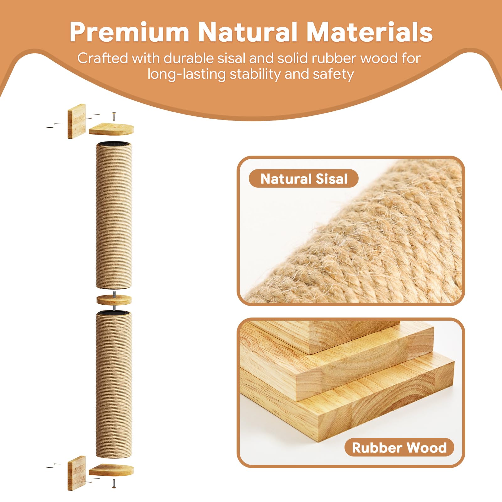 SnuyGo Cat Wall Scratcher Post- 24" Thicker Columns Wall Mounted Rubber Wood Sisal Scratching Post Furniture for Large Cats and Kittens - image 3