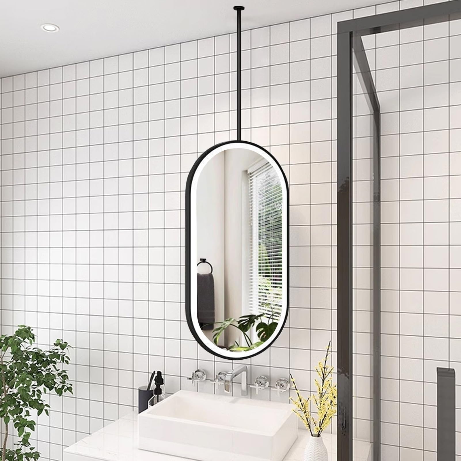 Specchio Ovale Decorativo da Bagno con Cornice in Metallo, specchi a LED dimmerabili a 3 Colori, Montaggio a soffitto, per Specchio da Trucco e rasatura.
