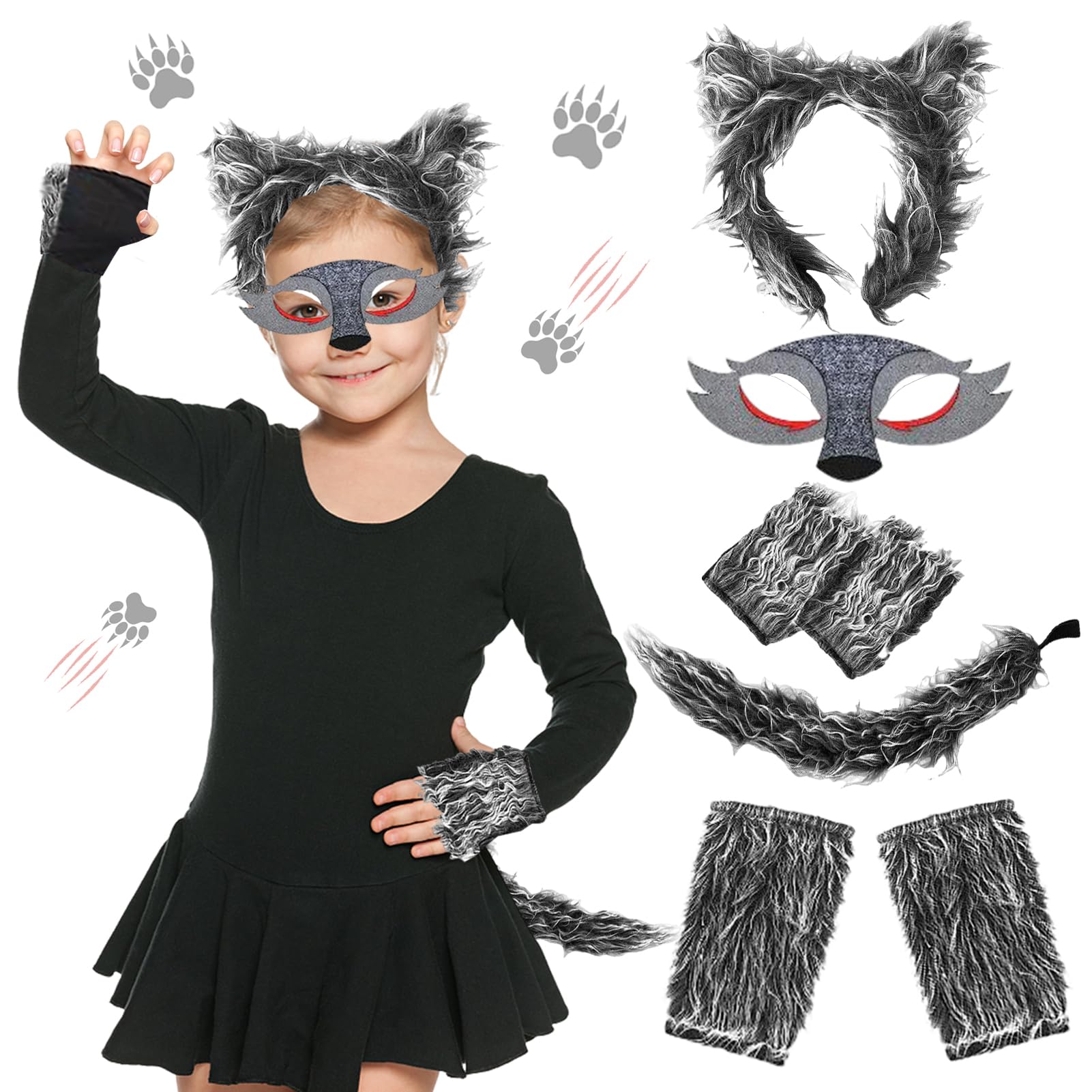 Byhsoep Disfraz de lobo para niños, disfraz de hombre lobo con orejas de lobo, cola, máscara de lobo y calentadores de piernas, disfraz de gato para niñas, niños, Halloween, carnaval, cosplay,