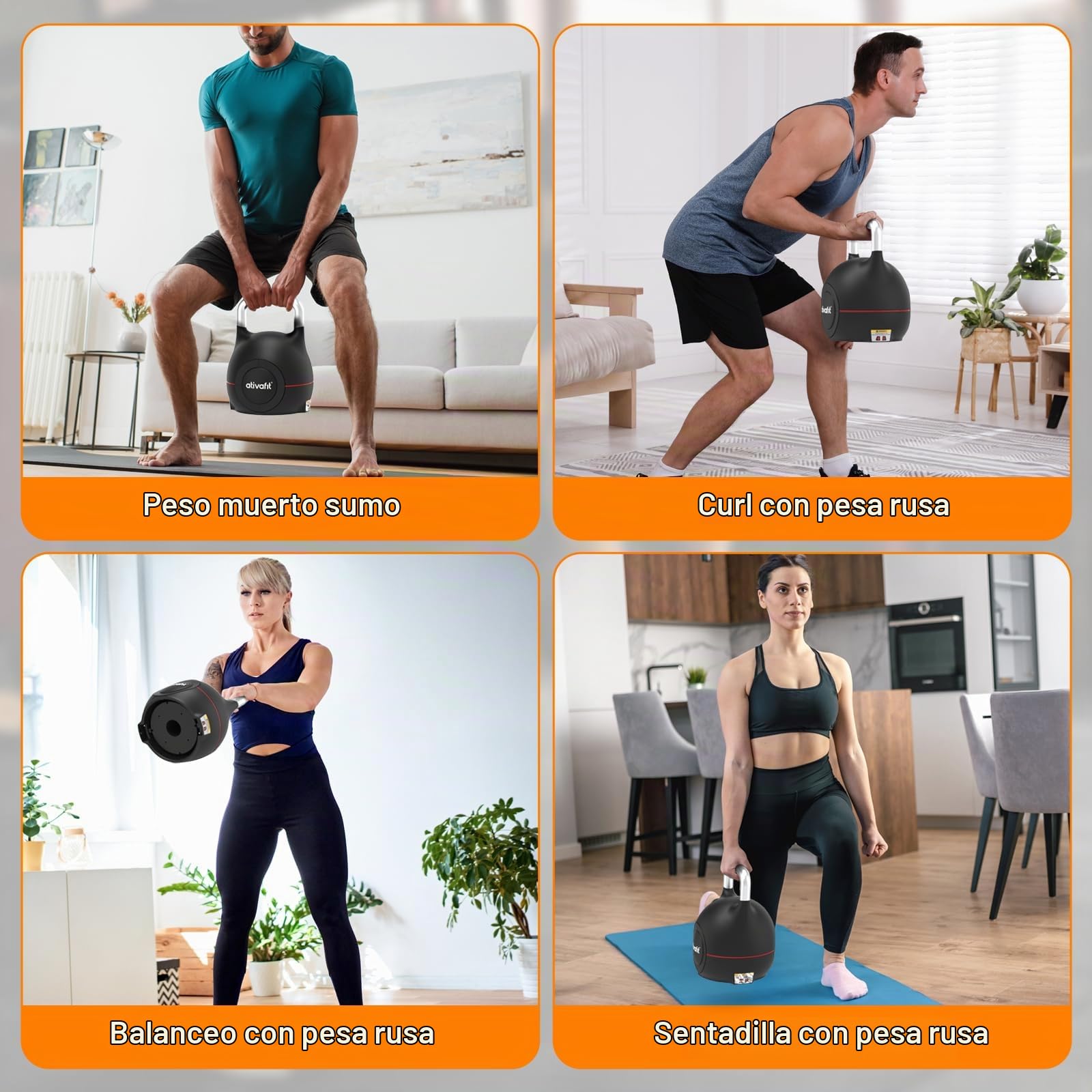 ATIVAFIT Pesa Rusa Kettlebell Ajustable 7 en 1 (2-20 kg), Varilla de Aluminio Macizo, Ajuste Rápido con Mosquetón de Seguridad, Agarre Ergonómico, Ahorro de Espacio para Gimnasio en Casa