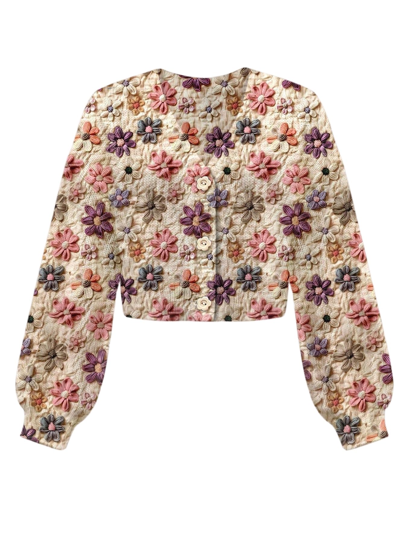 Milumia Womens Cute 3D Floral Cropped Cardigan Button Up V Neck Long Sleeve Sweater Tops