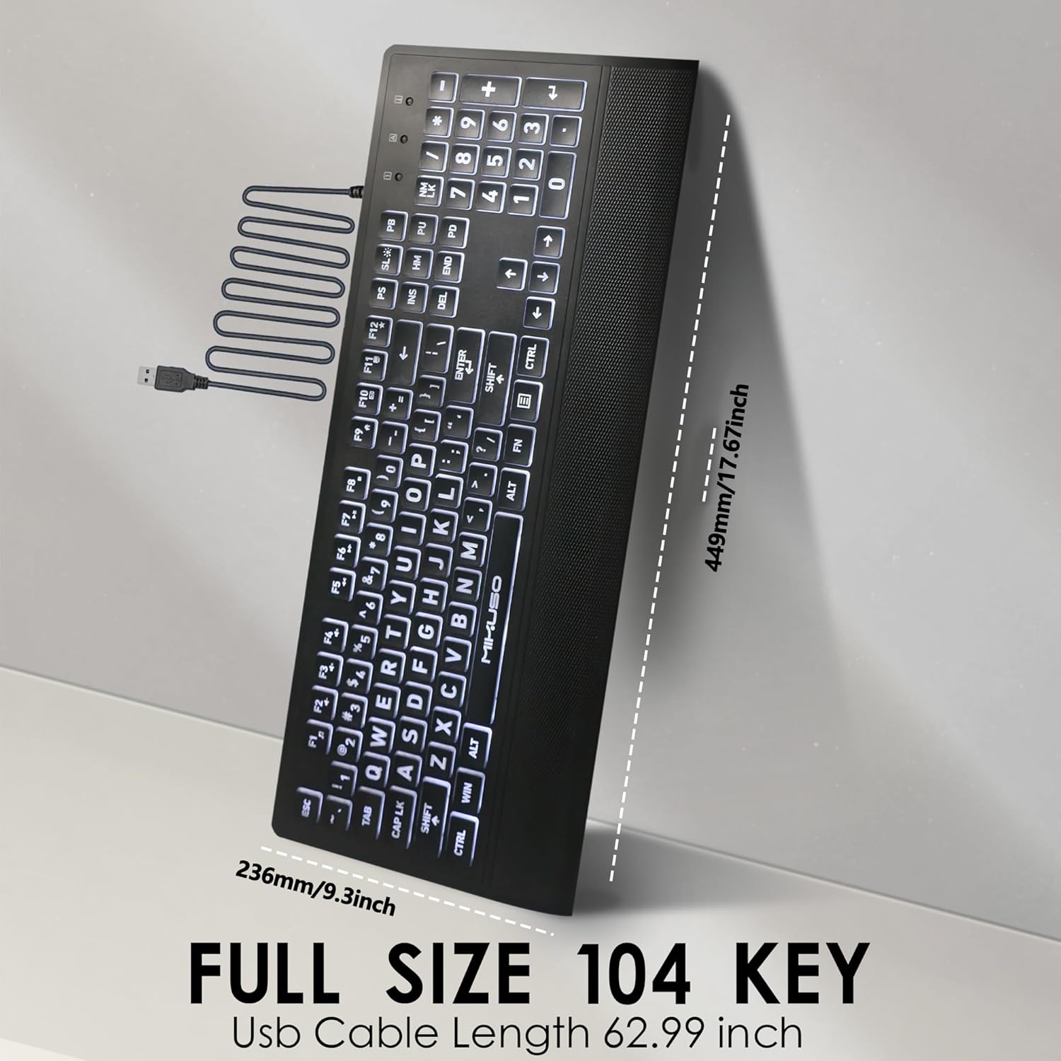 Large Print Backlit Keyboard - High Visibility Big Letter Keyboard for Seniors and Visually Impaired, Wired USB with light up and Comfortable Wrist Rest, Full Size Keyboard for PC,Laptop(No Glare)