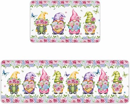 Spring Gnomes Kitchen Rugs and Mats Set of 2, Botanical Rose Flower Leaves Butterfly Absorbent Bath Runner Rug Washable Floor Door Mats for Bedroom Living Room Bathroom Entrance Tub Sink Long