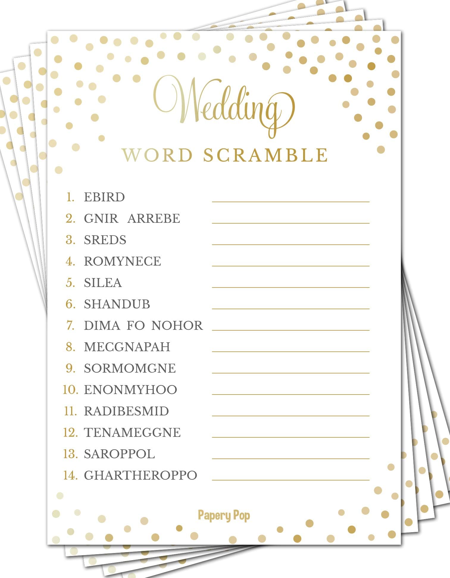 Wedding Word Scramble Game Cards (50 Pack) - Bridal Shower Games - Bachelorette Party Games Ideas Activities Supplies