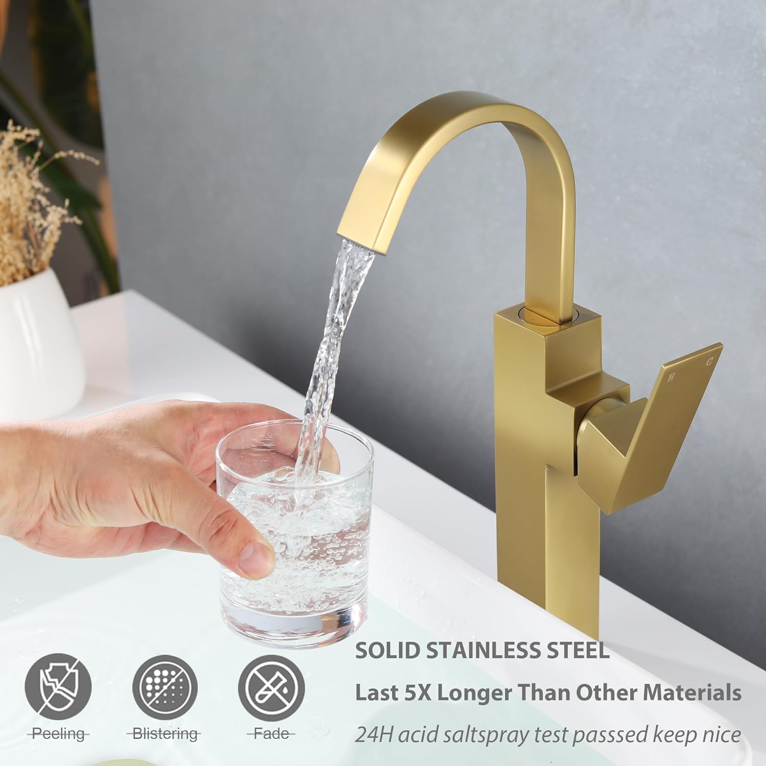 Brushed Gold Vessel Sink Faucet, Single Handle Tall Bathroom Faucet,Waterfall Bathroom Faucet Single Hole Lavatory Vanity Tap Single Hole Bar Sink Faucet with Pop Up Drain and Supply Lines,SL50044BG