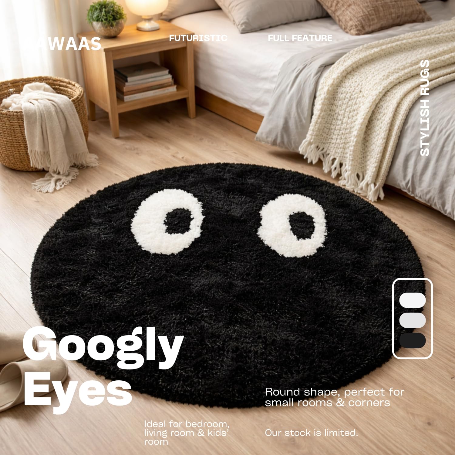 AAWAAS Premium Polyester Shaggy Round Rug – Soft Fluffy Circle Carpet – Living Room & Bedroom Area Rug with Non-Slip Backing (Googly Eyes, 3x3 feet, Round) 3