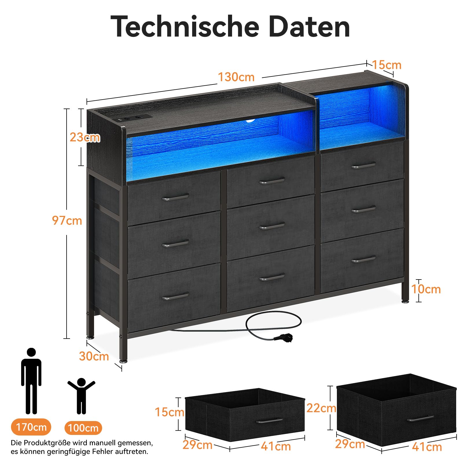 ODK Komoda z szufladami, z 2 gniazdami, 2 USB i 10 kolorowymi paskami LED, komoda z regałem, blat roboczy z 9 szufladami materiałowymi, do sypialni, salonu, 130 x 30 x 97 cm, czarna
