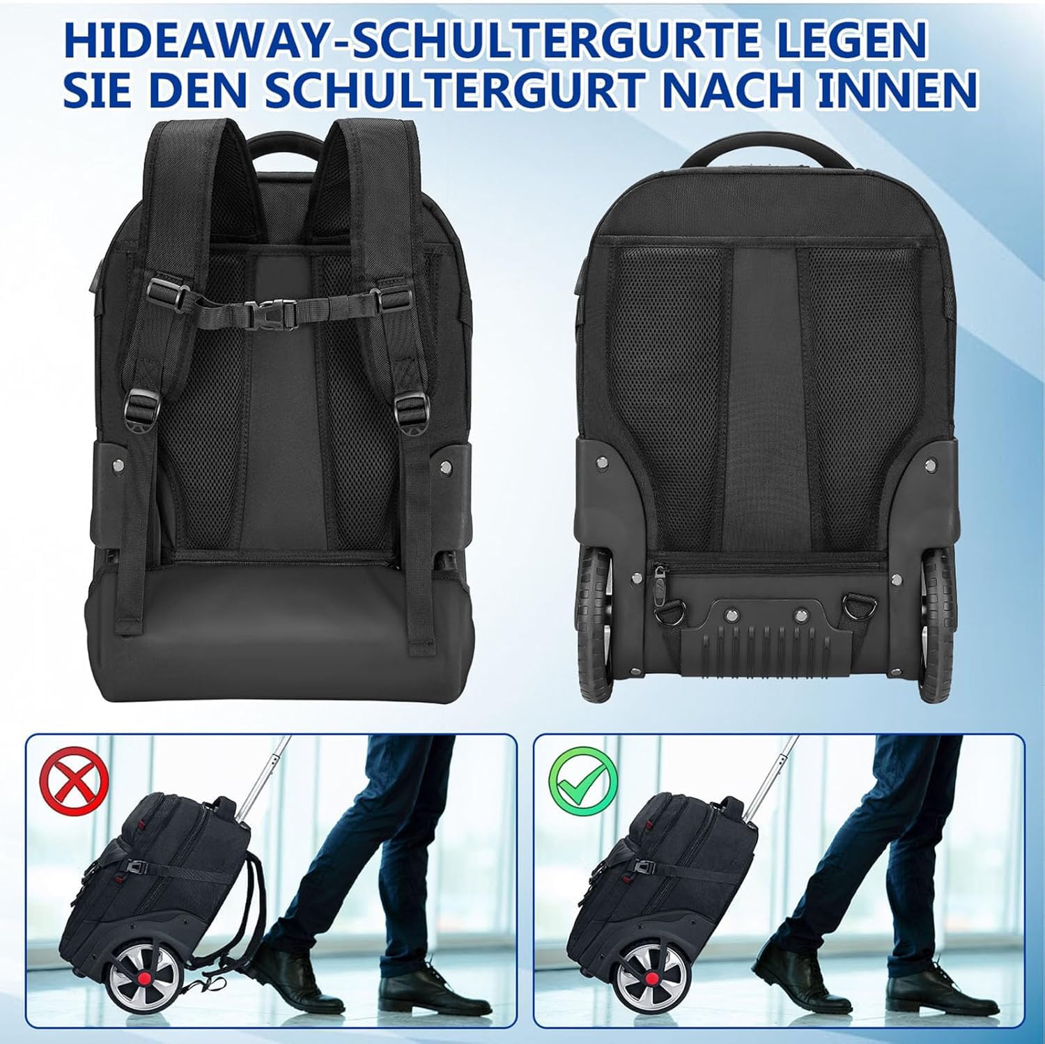 MATEIN Trolley Rucksack mit Rollen, 17,3 Zoll Trolley Rucksack mit Groß Rädern, 50L Reiserucksack mit rollen,Kombinationsschloss, Wasserdichte für Arbeit Reise, Schwarz