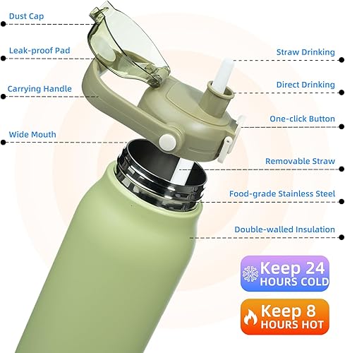 Miniatura 2 de BJPKPK Botellas de agua aisladas con pajita, botella de metal de acero inoxidable de 35 oz con tapa de apertura de una mano, jarras deportivas sin