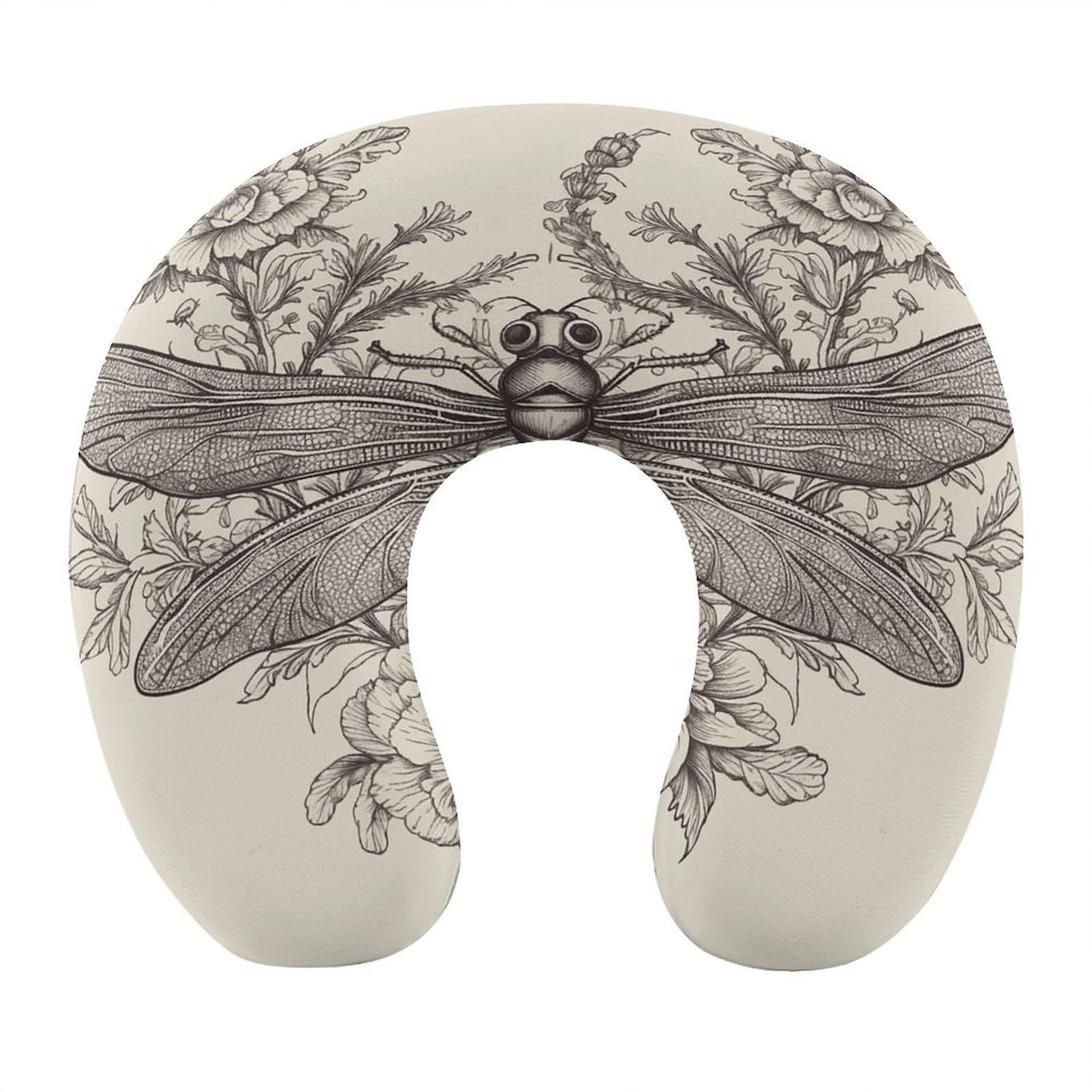 Btcowzrv Style Hand Drawn Floral Dragonfly U Shaped Neck Pillow Travel Pillows