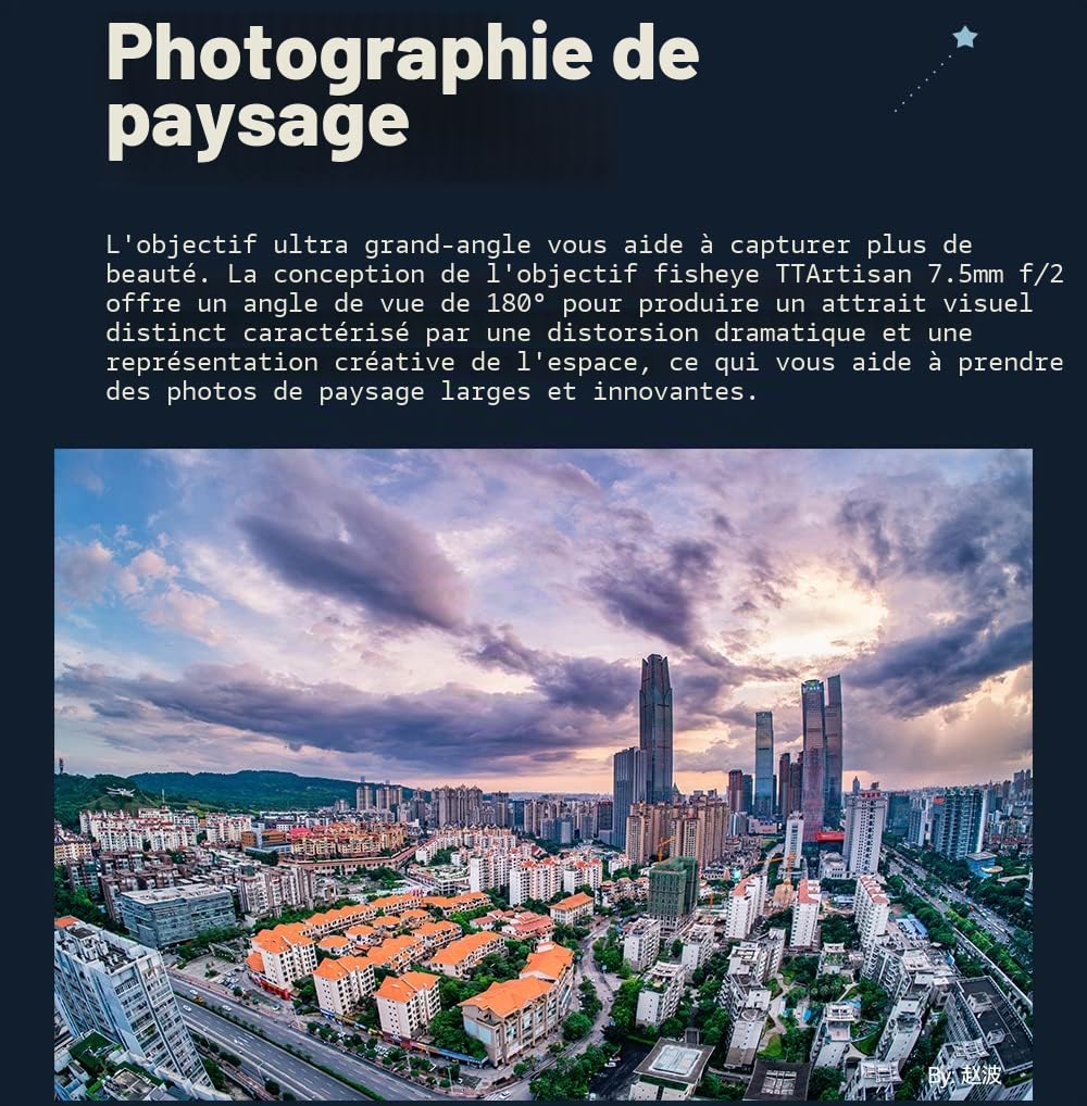 TT Artisan Objectif Fisheye 7,5 mm F2.0 APS-C Panasonic Leica L Sigma Mount Black Ultra Grand Angle avec Angle de Vue de 180 degrés.