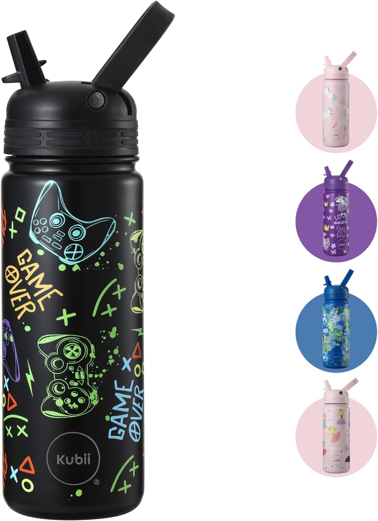 Kubii® Premium insulated stainless steel kids bottle with straw lid, Water bottle for boys,Thermos bottle, BPA free, 533ml /18oz (Joystick Black)