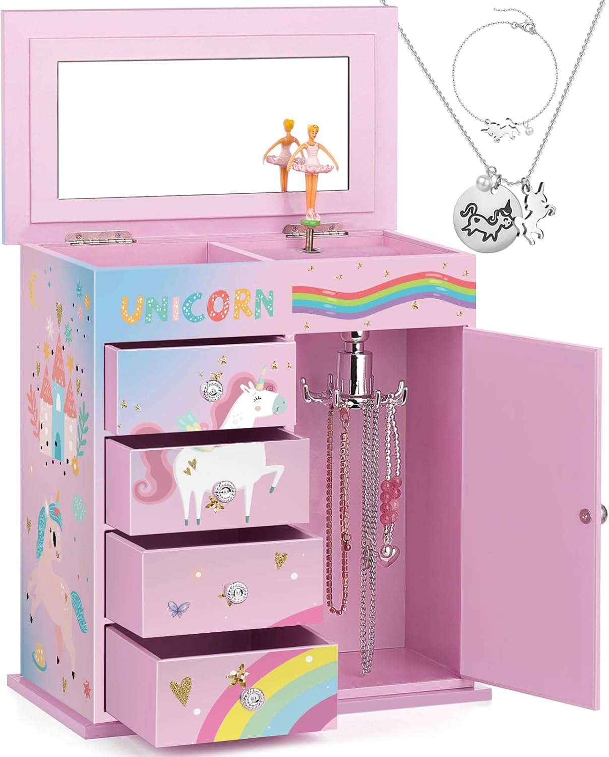 Jewelry Box for Girls 5-Layer with Swing Door Spinning Ballerina Unicorn &Castle Design Unicorn Jewelry Set Included Kids Music Box for Little Girls Birthday Christmas Gift (White)