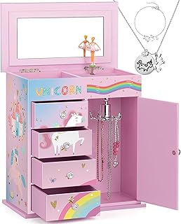 efubaby Jewelry Box for Girls 5-Layer Jewelry Holder Organizer Music Spinning Ballerina Unicorn & Rainbow Design Unicorn Jewelry Set Children Jewelry Box for Girls Birthday Christmas Gift Pink&Blue