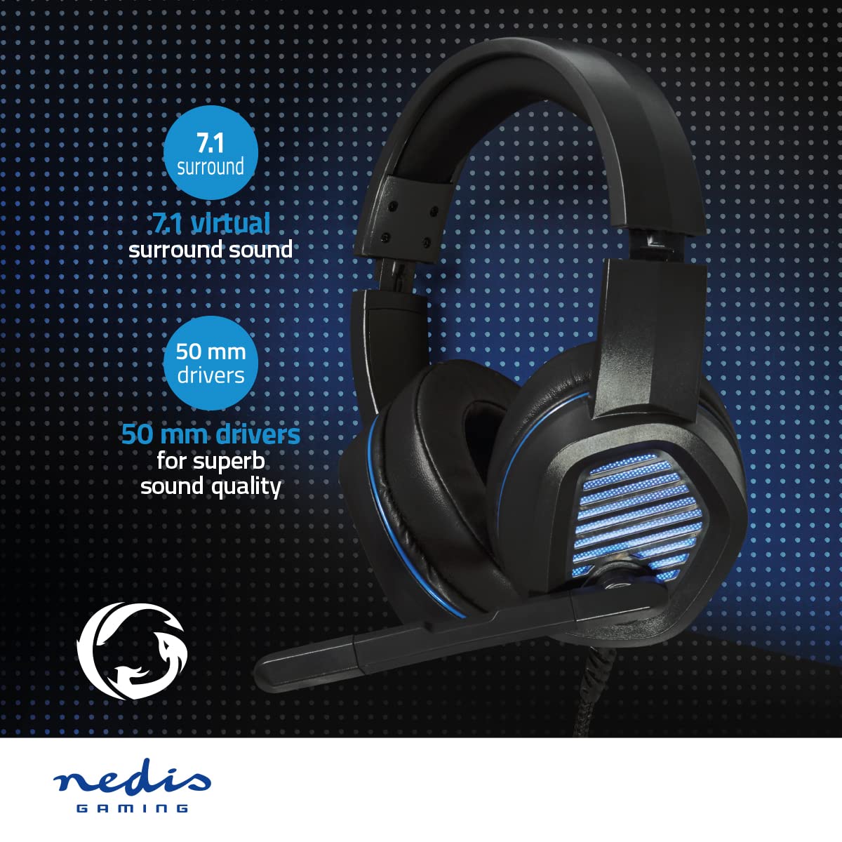 NEDIS Casque de Jeu | Tour d'oreille | Surround | USB Type-A | Rabattable Microphone | 2.10 m | LED