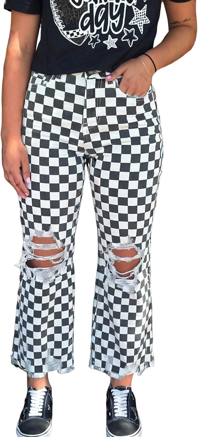 Jeans for Women Checkerboard Distressed Holes Raw Edge Cropped Jeans Straight Leg Denim Pants