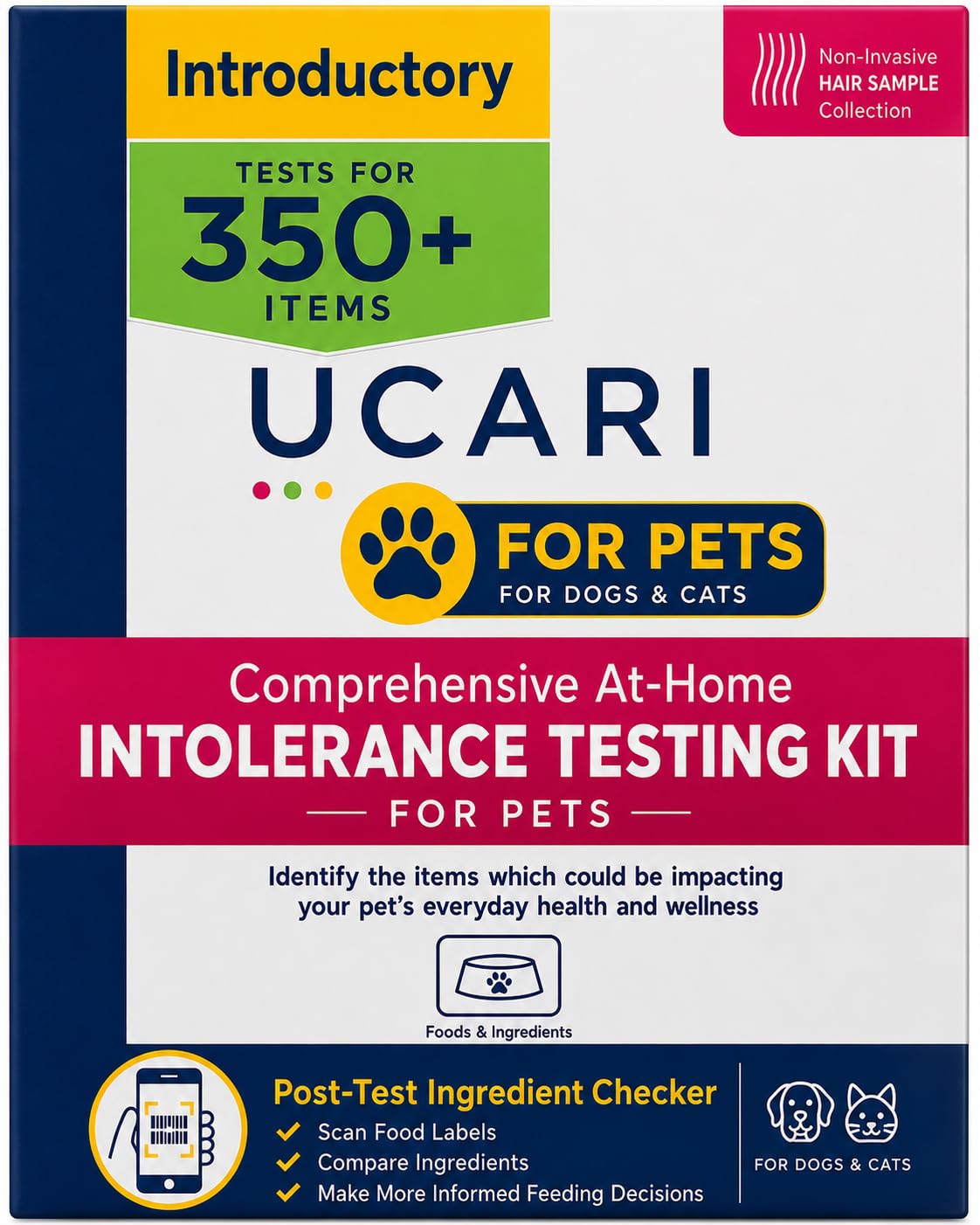 UCARI Prueba de sensibilidad de mascotas | Pantallas para más de 350 intolerancias | Análisis de alimentos e ingredientes | Método de muestra de cabello sin dolor | Resultados en 48 horas | Gatos y