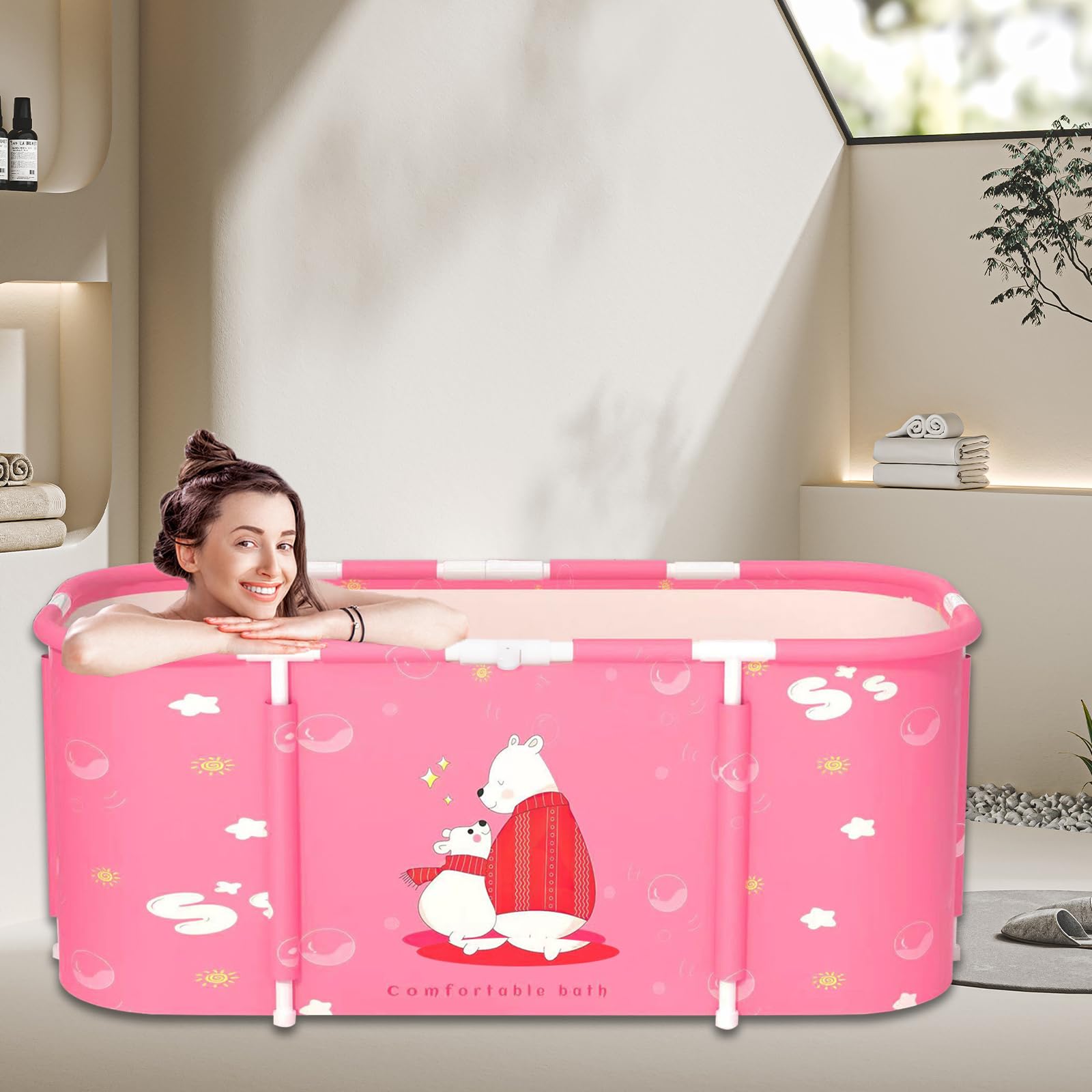 Badewanne Zusammenklappbare Badewanne Ideale Familienbadewanne Gartenpool für Kinder Leicht zu montierender Toilettengurt Geeignet für Erwachsene und Kinder 115x60x50cm (LxBxH) (Rosa Bär)