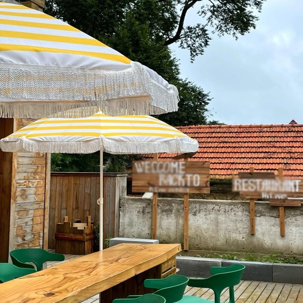 160 cm Parasol Ogrodowy, Parasol Plażowy Pochylany, Parasol na Plażę z Frędzlami, Składany Parasol Tarasowy, Żółty Pasek