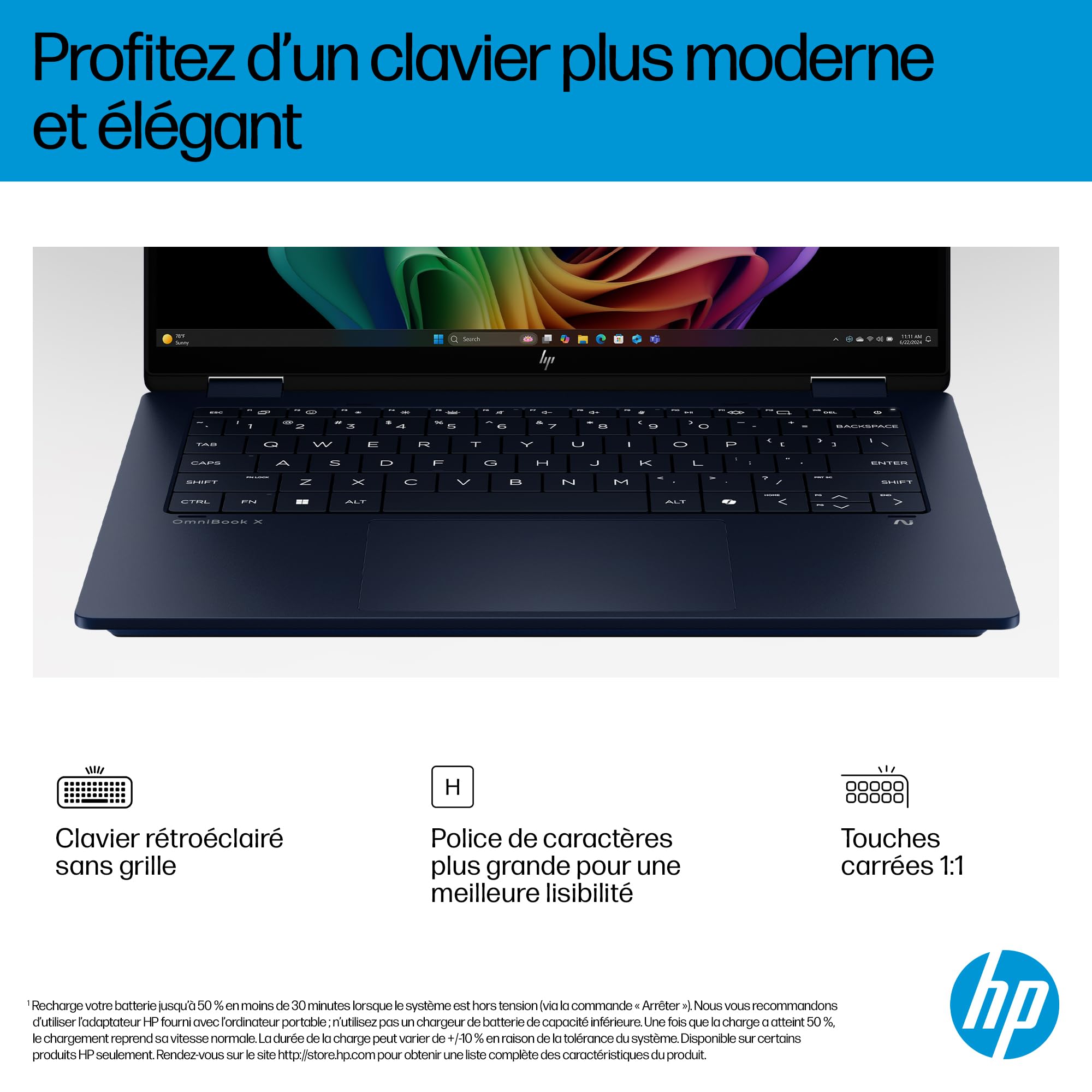 HP OmniBook X Flip 14-fm0000sf Ordinateur Portable 14" 2K OLED Tactile, PC Portable (Intel Ultra 5-226V, RAM 16 Go, SSD 512 Go, Intel Arc 130V GPU, Windows 11), Laptop Bleu, Clavier AZERTY