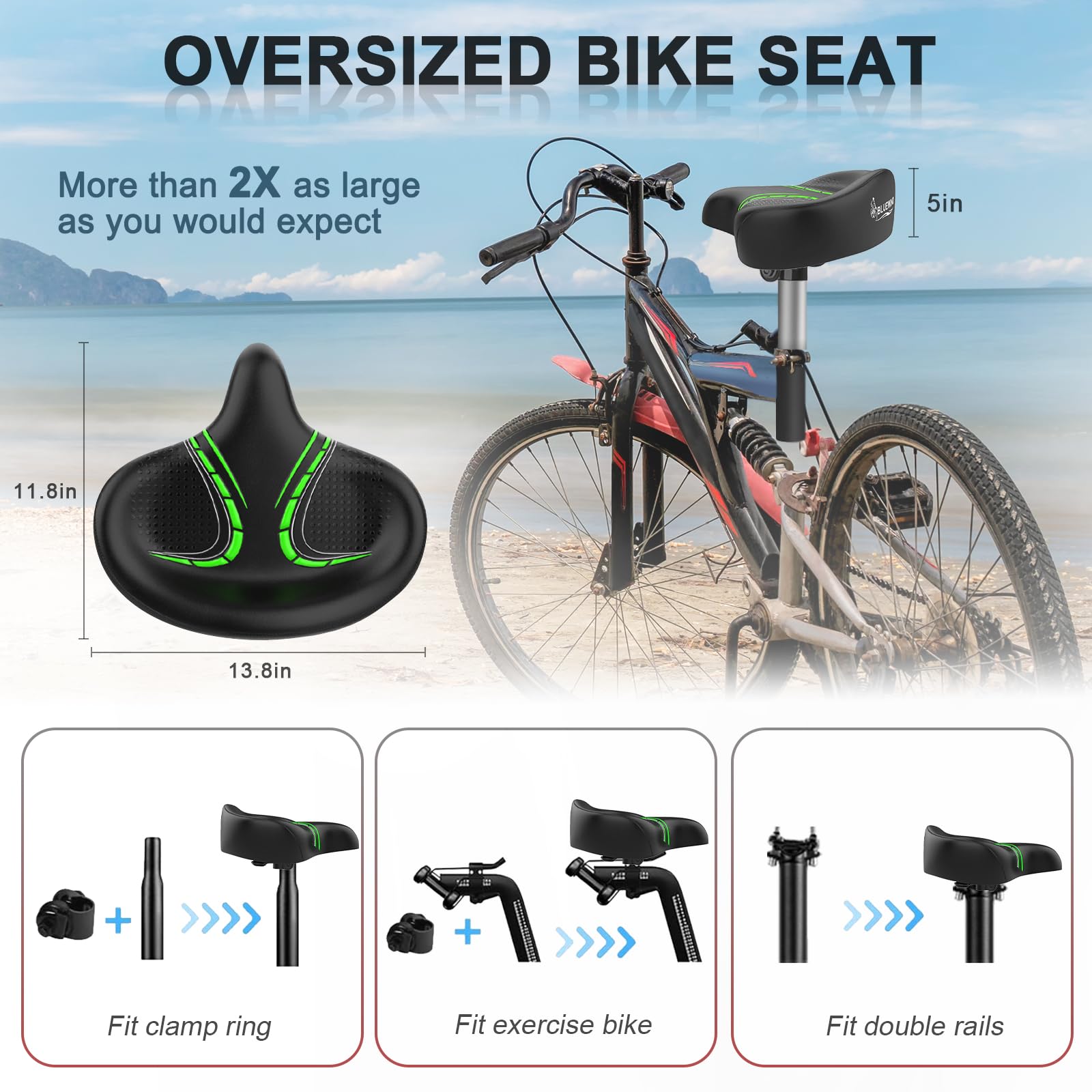 BLUEWIND Sella per bicicletta oversize con design innovativo, per bici elettrica, universale, per esercizi o bici da strada, cuscino per sella per uomini e donne (verde)