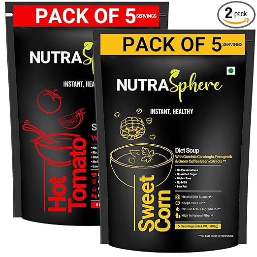 Tomato, Diet Sweet Corn Soup Packets Combo. High Fibre For Weight Management (Instant, Preservative Free, Sugarfree, No MSG, Diabetic Friendly)- 5 Sachets Each