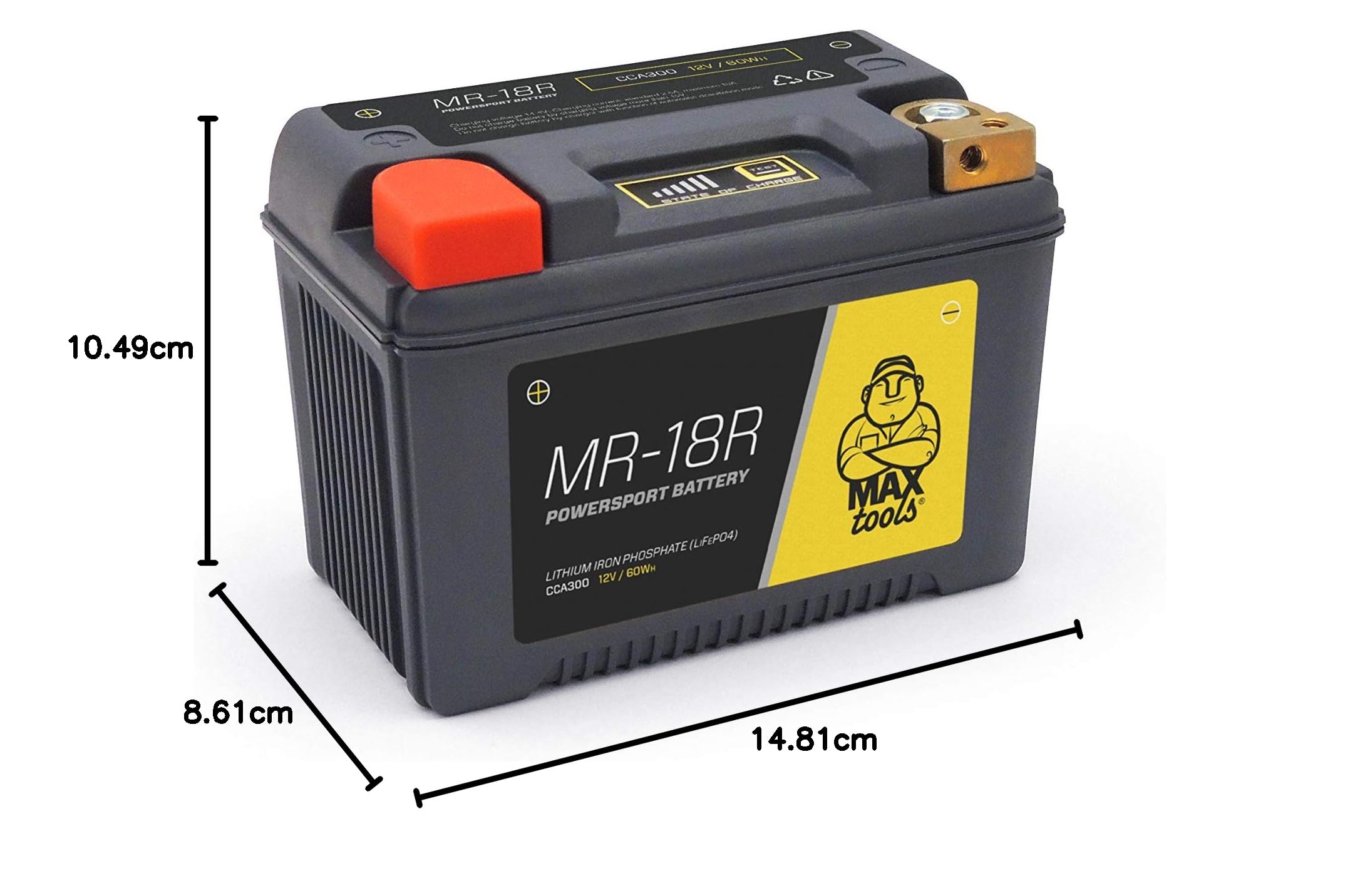 MAXTOOLS MR-18R Batteria 12 V LifePO4 Leggera, per Moto, Quad e ATV, con Cassa Rinforzata e Indicazione Stato di Carica, Destra, 300 cca