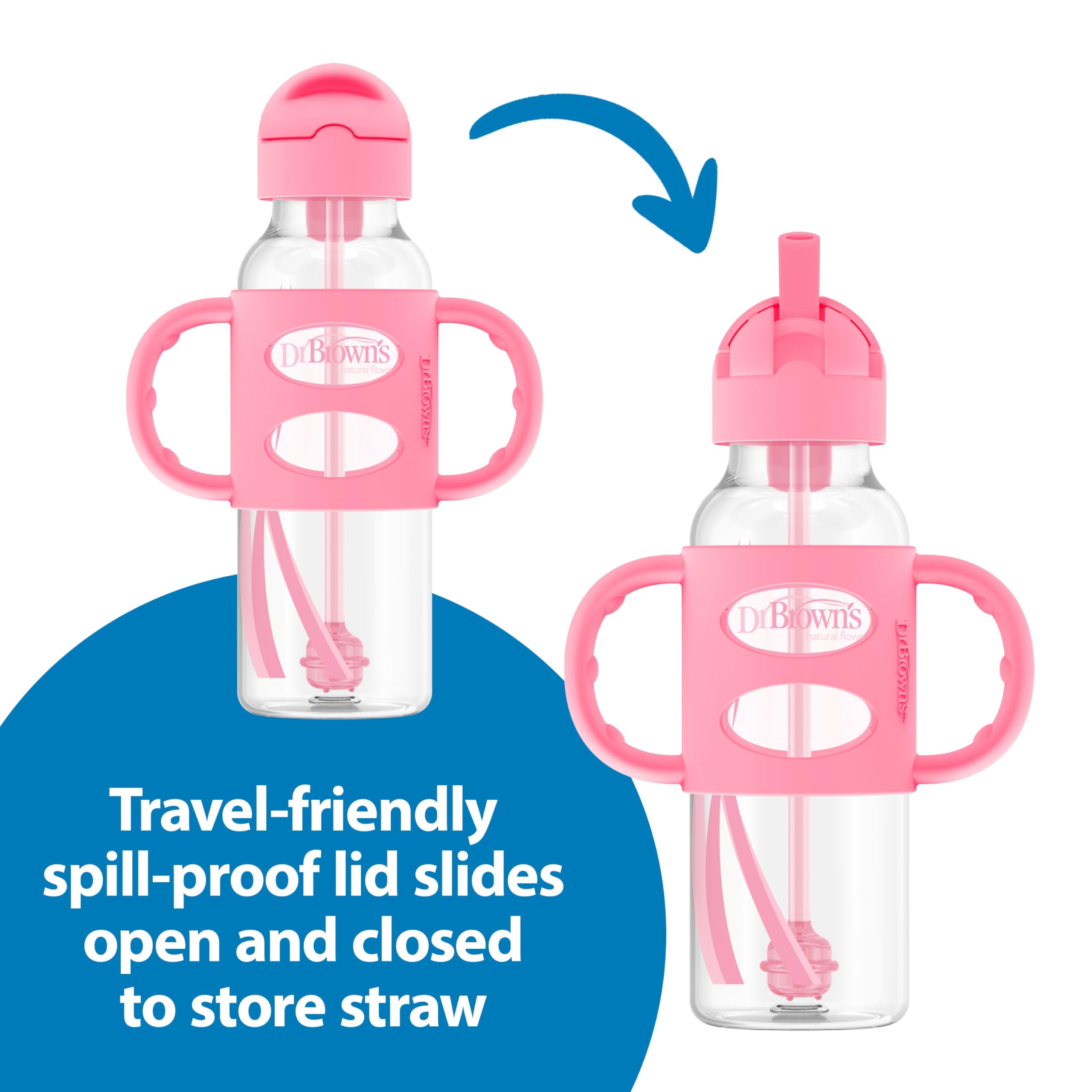 Dr. Brown's Sippy - Botellas de paja con asas de silicona, 237 ml, color gris y rosa