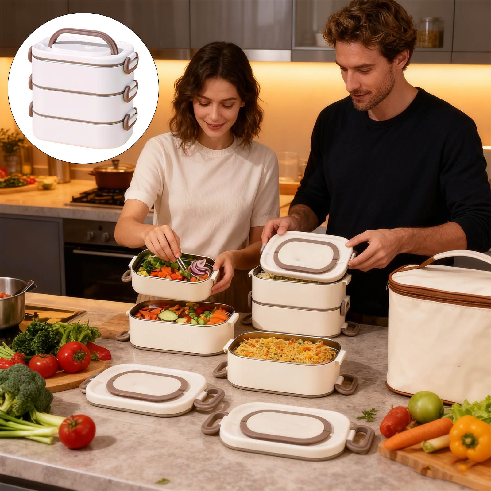 Caja de Almacenamiento de Alimentos Inoxidable con Flexible de Doble Gancho y Bolsa térmica para Transporte de Comidas frías y Calientes Caja de Comida Caliente Transportable