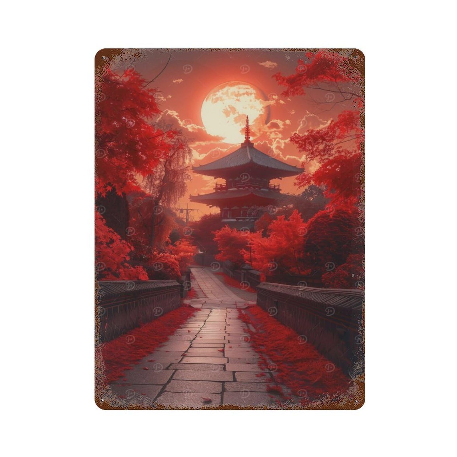 Garage Style Japanese Pagoda Sunset Rusty Metal Tin Sign 15.7"x11.8", Farmhouse Wall Decor for Bar And Workshop