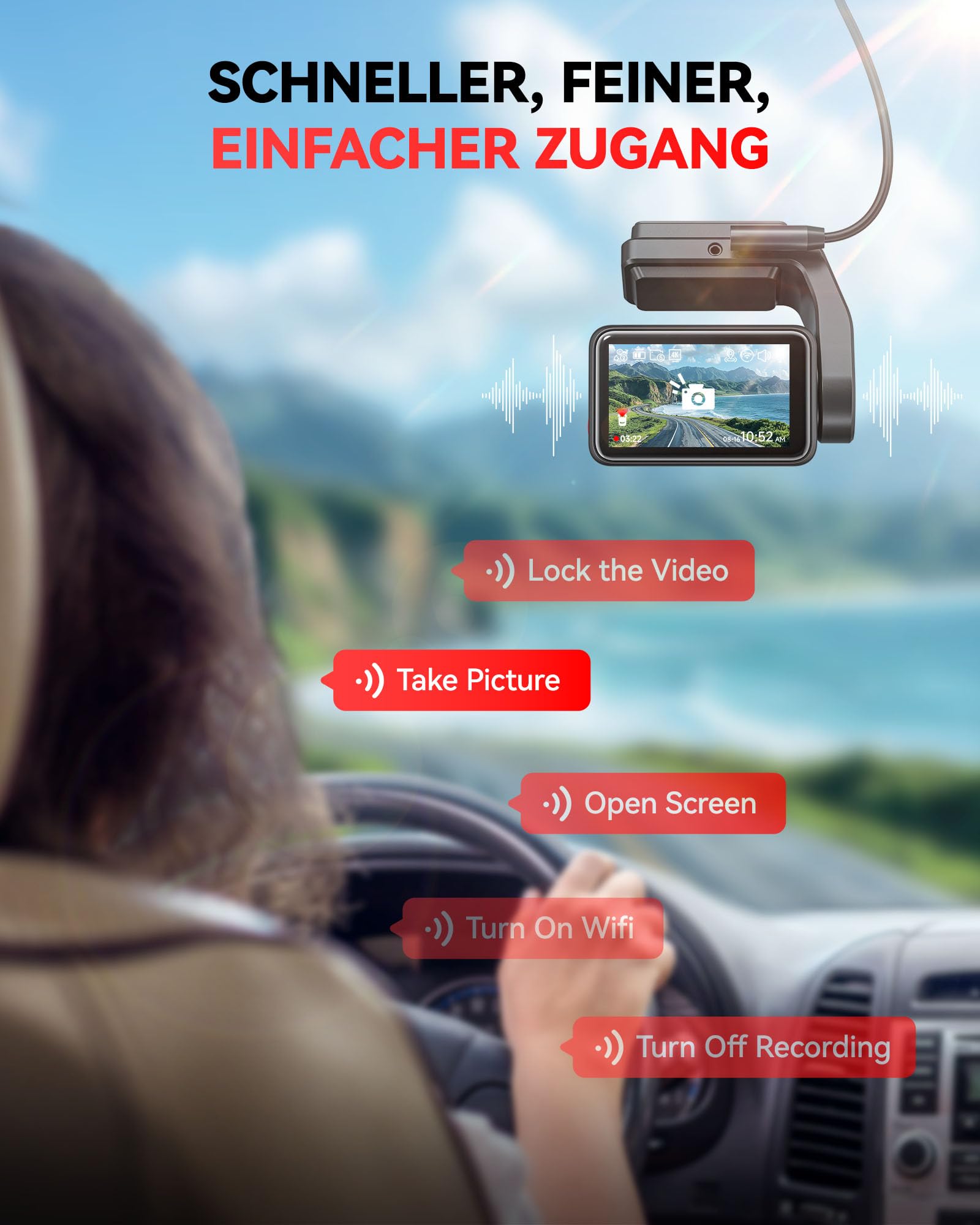 REDTIGER F4 4K Dashcam Auto Vorne, 2,2 Zoll Mini Auto Kamera,Touchscreen, Sprachsteuerung,Inklusive 32GB Karte, Nachtsicht,WiFi,APP Steuerung, Schleifenaufzeichnung, 24-Stunden-Parküberwachung