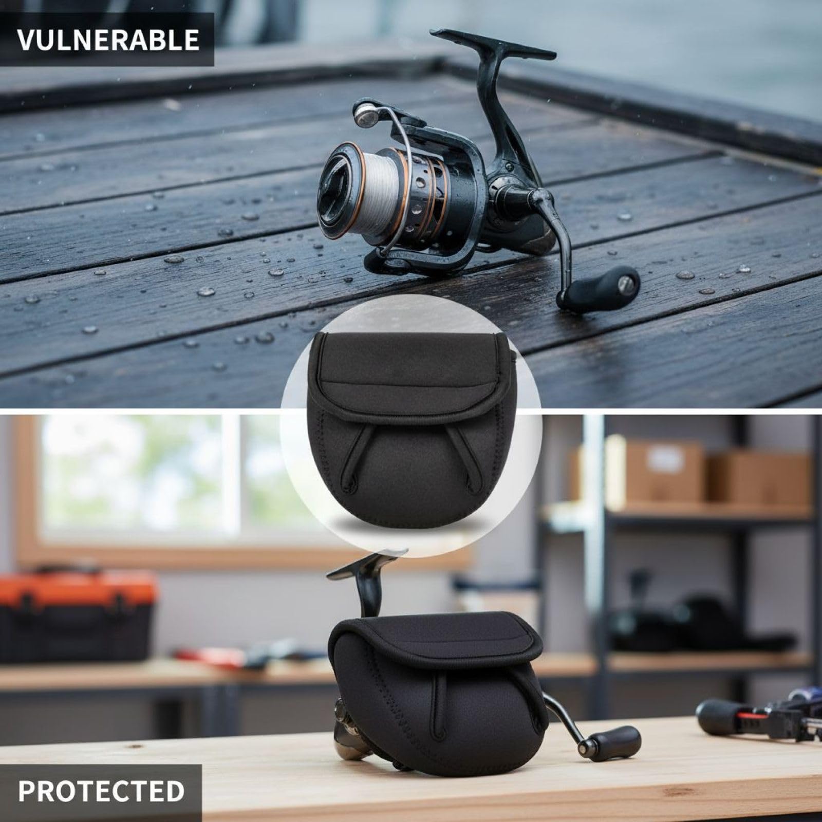 3 fundas de neopreno para carretes de pesca, tamaño S, M L, fundas para carretes estacionarios, resistentes al agua, con relleno, para carretes de la serie 6000 a 8000, con diseño de ranura