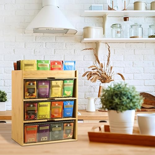 Miniatura 5 de Organizador de bolsas de té, almacenamiento de té de bambú con cajón de 3 capas, organizador para bolsas de té, madera natural y acrílico para