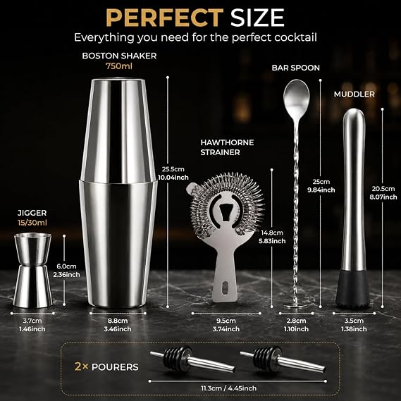 7 Parça Boston Shaker Kokteyl Seti, 750 ml Paslanmaz Çelik Bar Seti, Hawthorne Süzgeç Jigger Ölçü Kabı Muddler Karıştırma Kaşığı 2 Şişe Akıtıcı Ev Barı Parti Hediye İçin Premium Kokteyl Ekipmanı