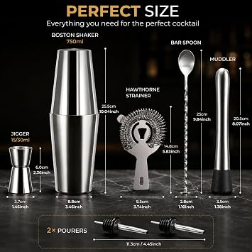 7 Parça Boston Shaker Kokteyl Seti, 750 ml Paslanmaz Çelik Bar Seti, Hawthorne Süzgeç Jigger Ölçü Kabı Muddler Karıştırma Kaşığı 2 Şişe Akıtıcı Ev Barı Parti Hediye İçin Premium Kokteyl Ekipmanı