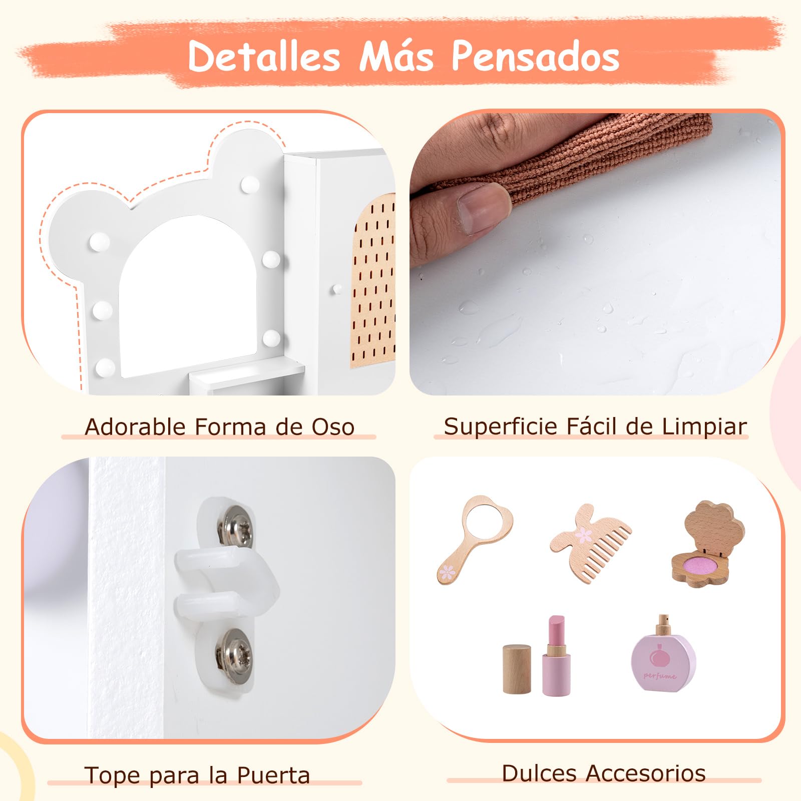 Costway Tocador de Maquillaje Niña con Espejo y Luces 3 Colores, 5 Cajones, Mesa de Maquillaje para Niñas 3+ Años
