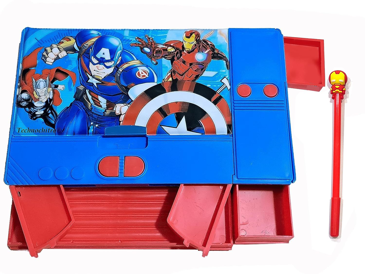 Super Heros Theme Jumbo Pencil Box with Gel Pen, Pencil Box Boys School with Pen (Blue)