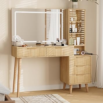 47 Fluted Vanity Desk with 36" Large Mirror and Tempered Glass Top, Built-in Charging Station, Side Organizer with Glass Door, Modern Makeup Vanity with 5 Drawers for Bedroom Natural Oak