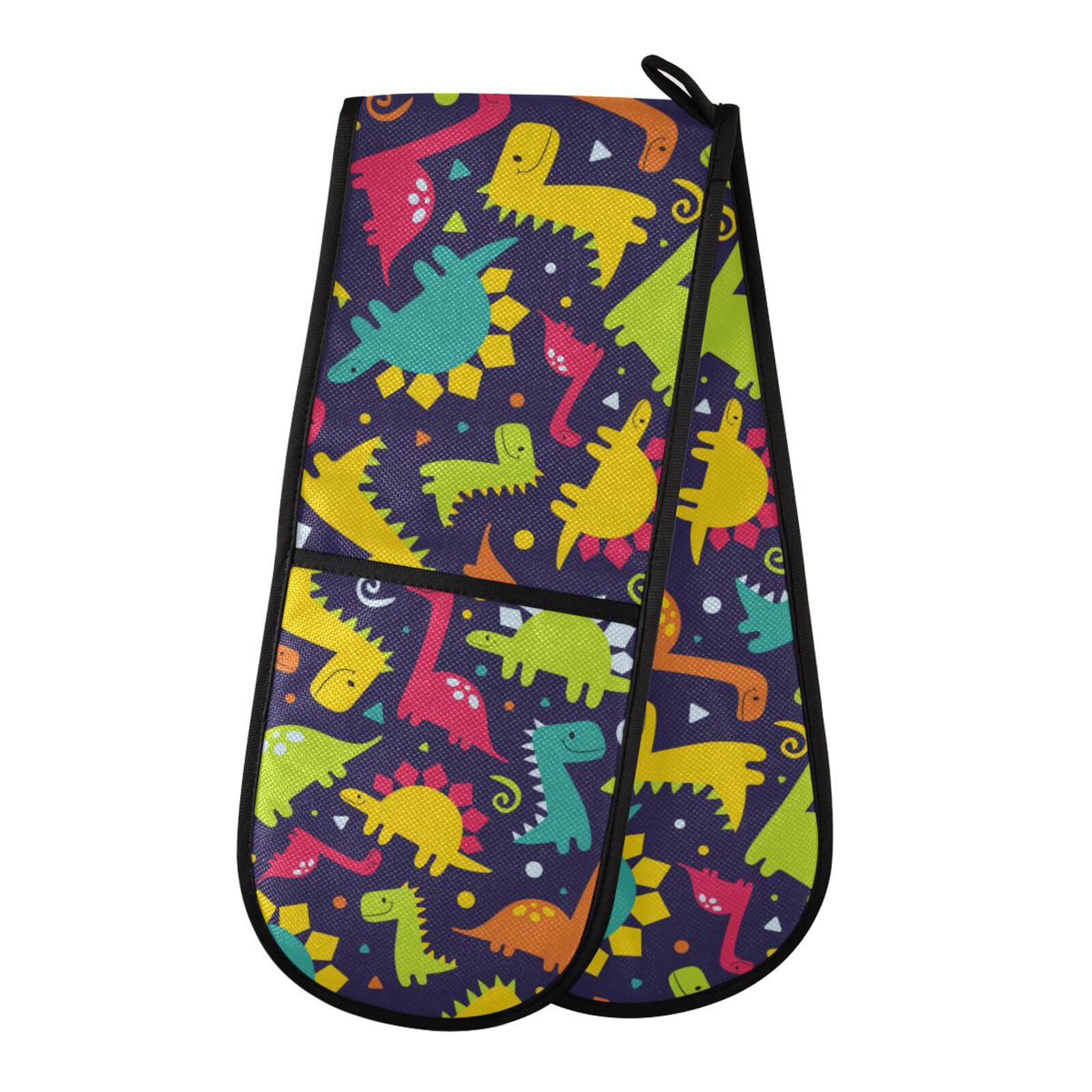 Double Oven Gloves Heat Resistant Colorful Dinosaur Double Oven Mitts Pot Holder Heat Protection Oven Gloves for Home Kitchen Baking Cooking BBQ Microwave