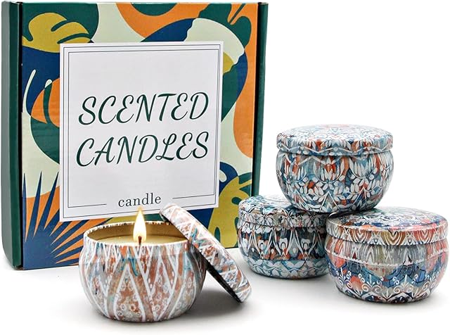 Scented Candles Set Gifts 4 Pack 3 Oz Natural Soy Wax Candles in Tin with Selected Flower and Fruit Essential Oils for Home Fragrance, Classic Lavender,sea Salt sage, Rose Lychee, Mediterranean Orange